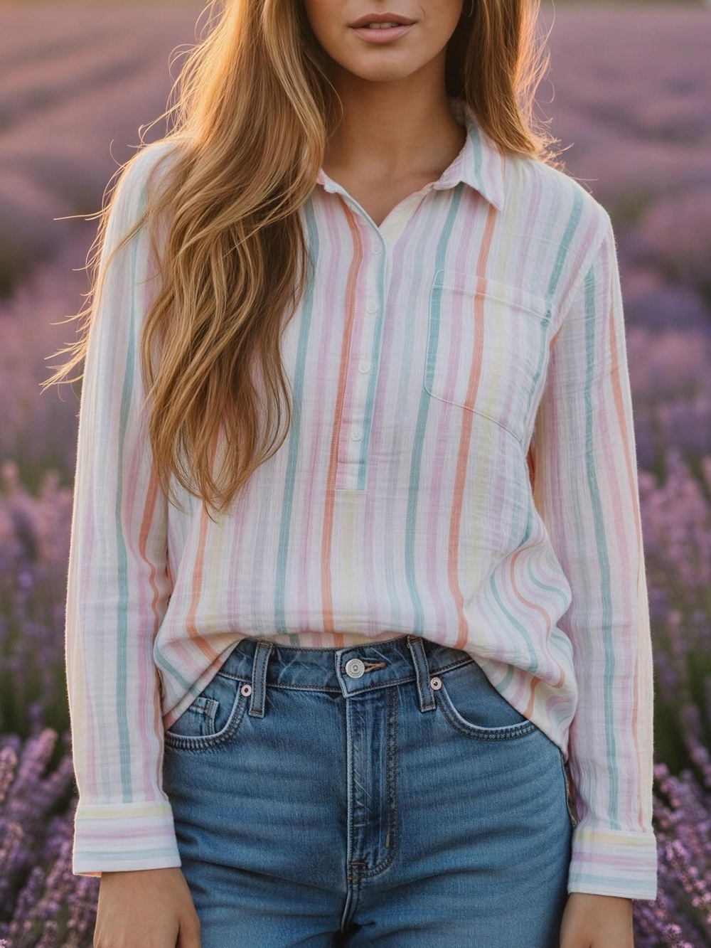 a.n.a. Pastel Striped Tunic Shirt – Lightweight Gauze Cotton Popover Blouse - XL